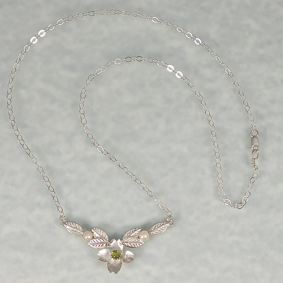 Flowering Dogwood Necklace in Sterling Silver with Peridot and Pearls