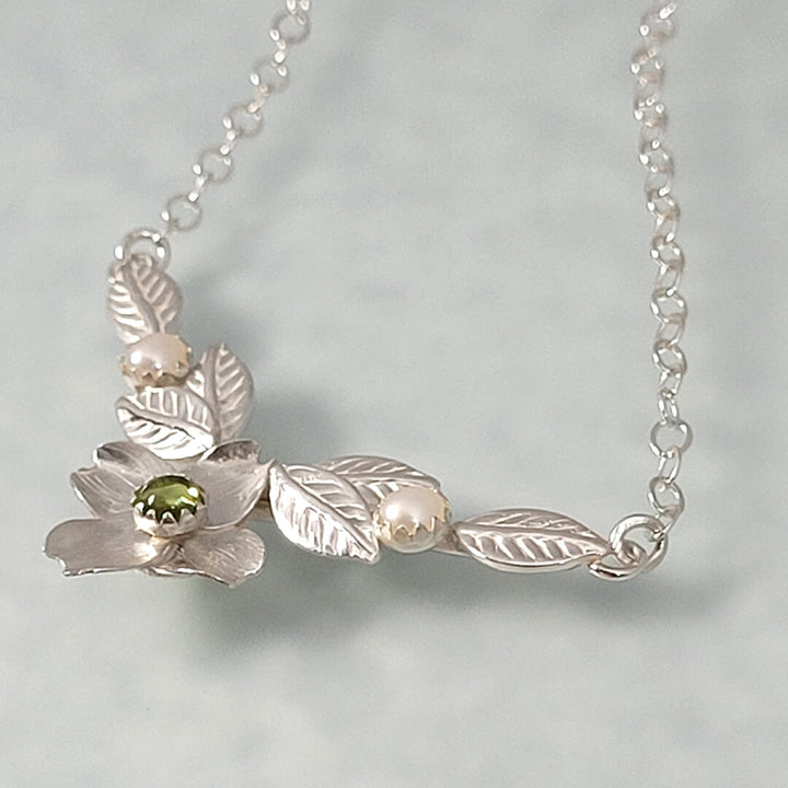 Flowering Dogwood Necklace in Sterling Silver with Peridot and Pearls