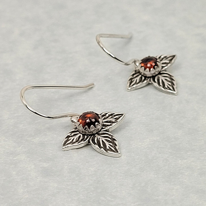 garnet rose bud leaf earrings in sterling silver