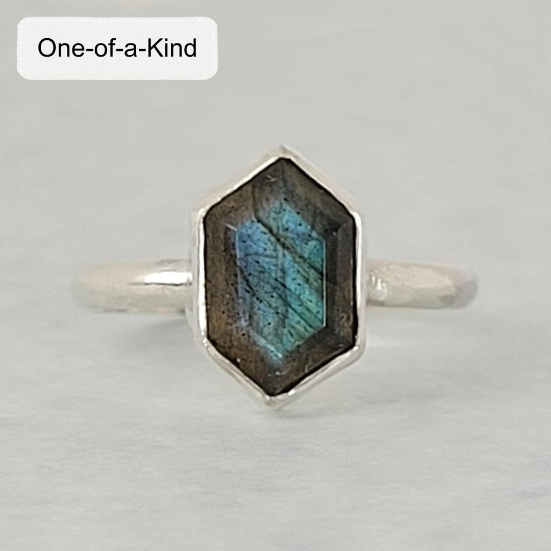 sterling silver hexagon labradorite ring