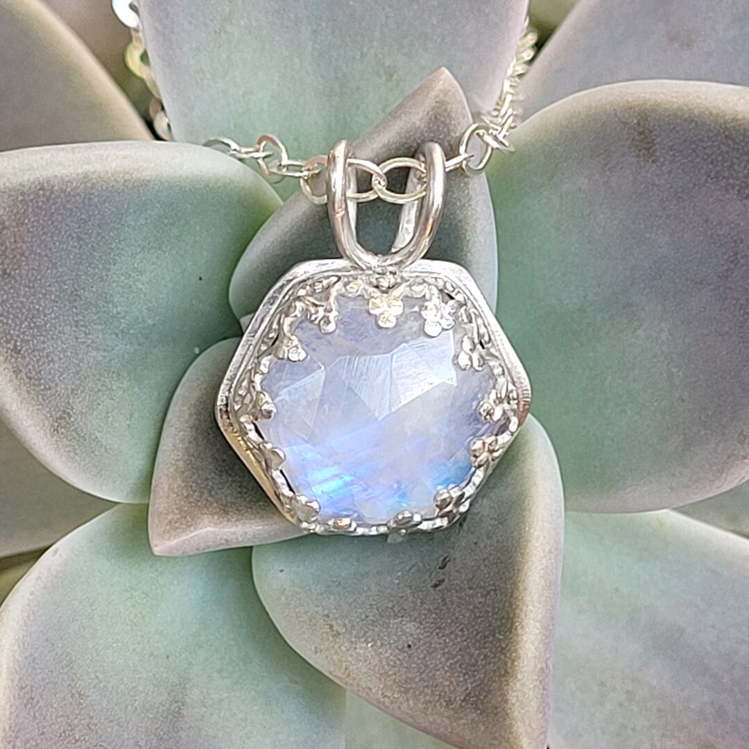 Hexagon Rainbow Moonstone Necklace in Sterling Silver - Kryzia Kreations