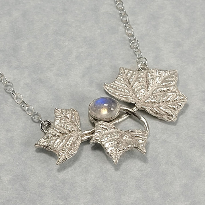 Rainbow Moonstone Leaf Necklace in Sterling Silver