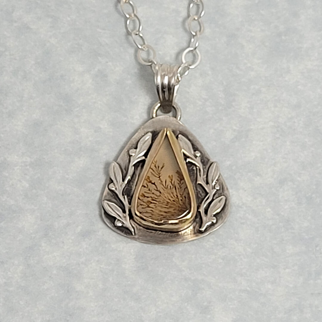 Leaf Bordered Scenic Dendritic Agate Necklace in Sterling Silver with 14kt Gold Bezel
