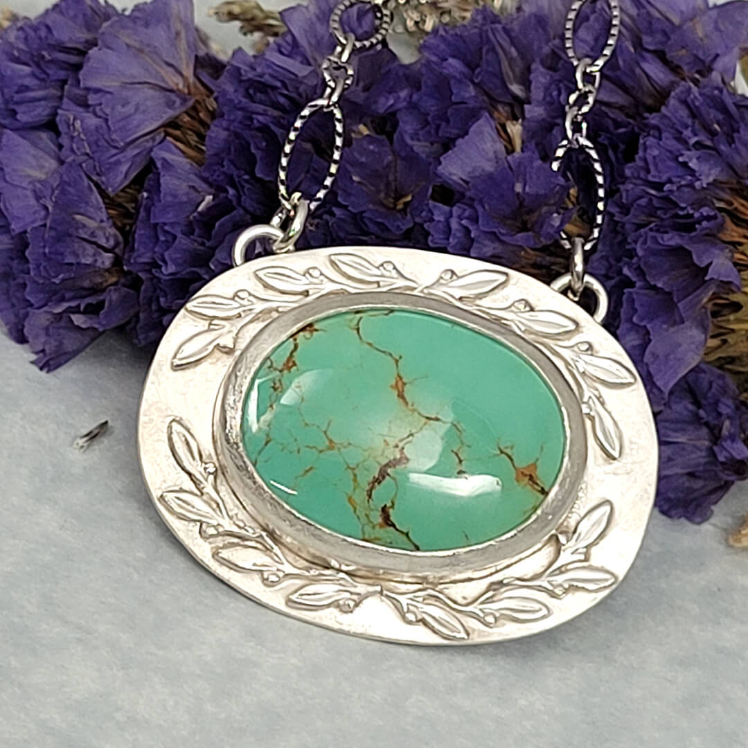 Leaf Bordered Yungai Turquoise Necklace in Sterling Silver