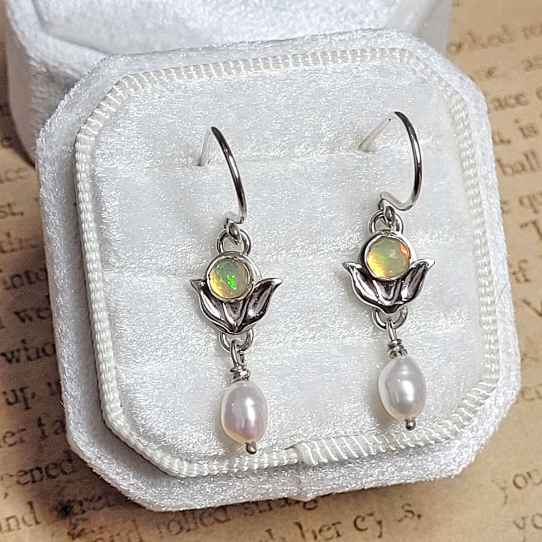 nature-inspired opal and pearl drop earrings in sterling silver