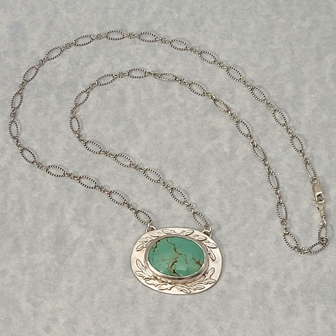 Leaf Bordered Yungai Turquoise Necklace in Sterling Silver