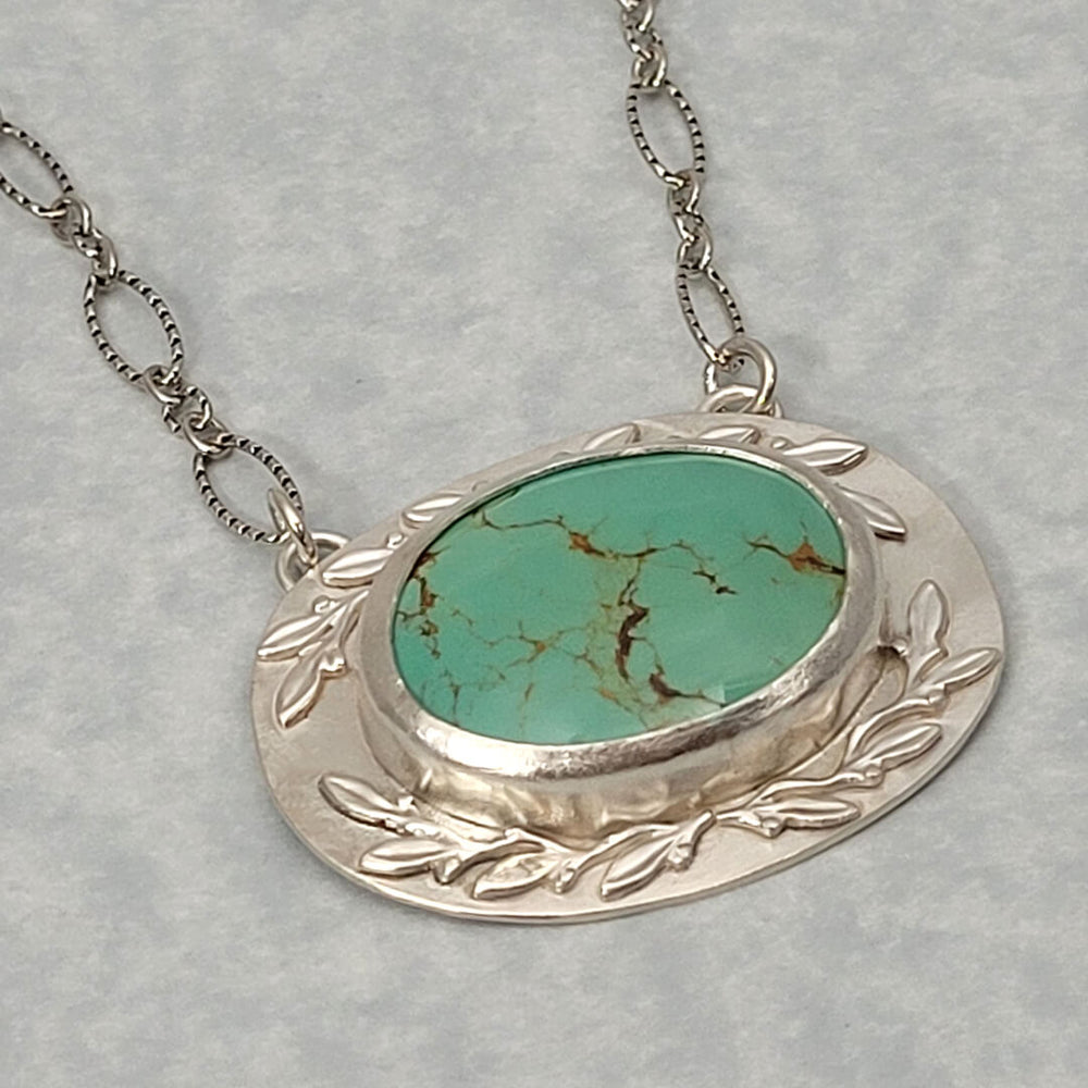 Leaf Bordered Yungai Turquoise Necklace in Sterling Silver