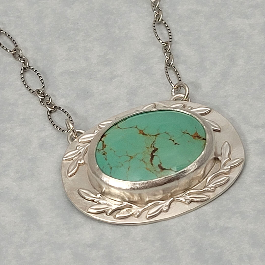 Leaf Bordered Yungai Turquoise Necklace in Sterling Silver