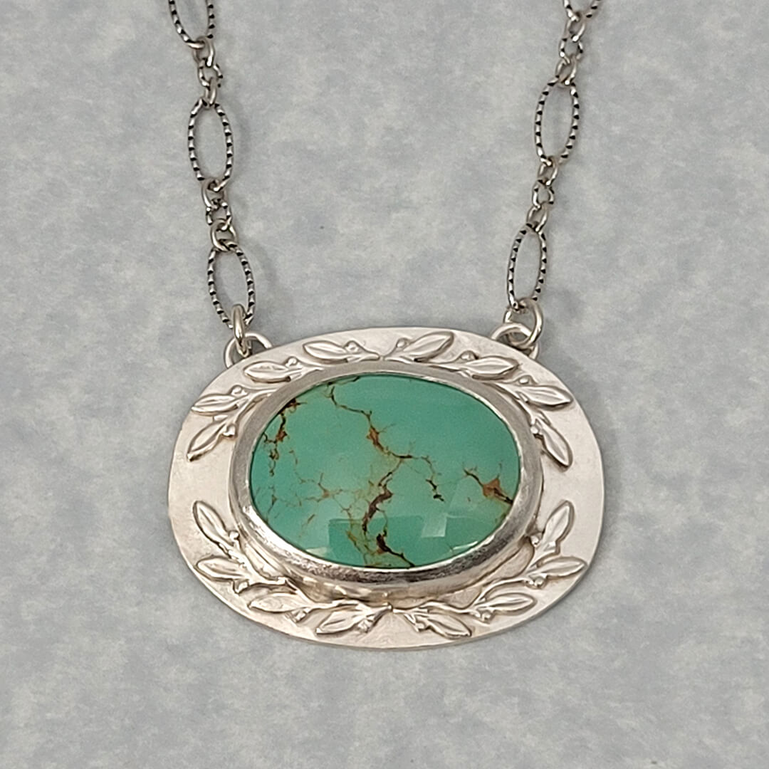 Leaf Bordered Yungai Turquoise Necklace in Sterling Silver