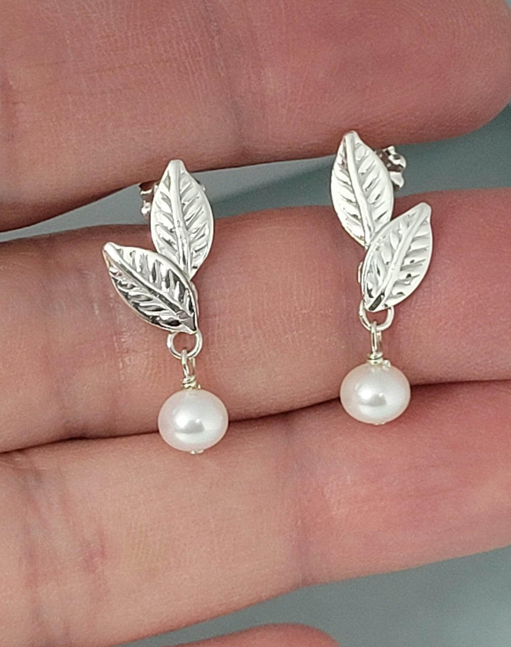 Leaf Stud Earrings with Freshwater Pearl Drop in Sterling Silver for Bride or Bridesmaids
