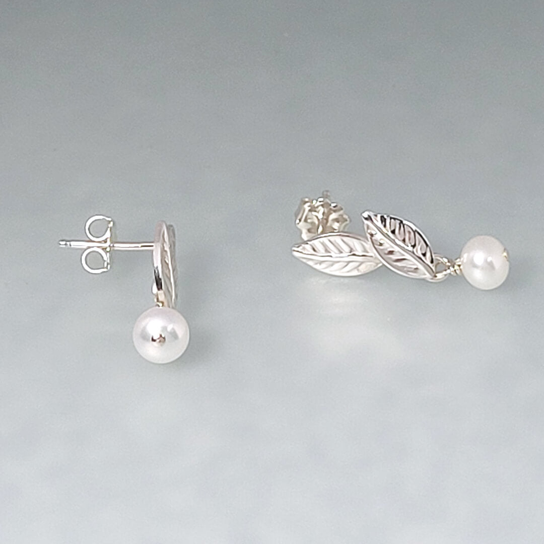 Freshwater Pearl Drop Leaf Stud Earrings in Sterling Silver 