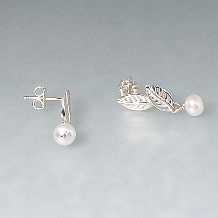Freshwater Pearl Drop Leaf Stud Earrings in Sterling Silver 