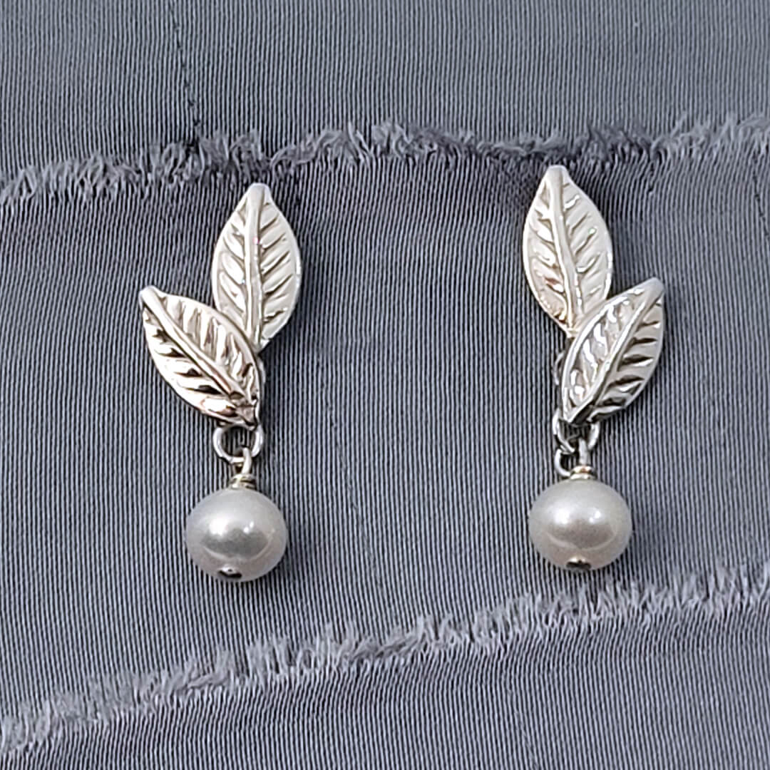 Pearl Drop Leaf Earrings in Sterling Silver