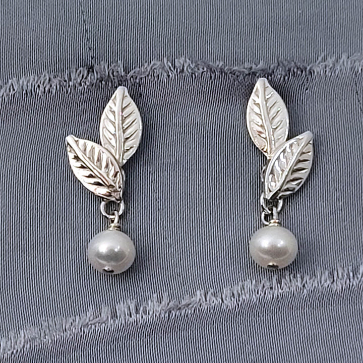 Pearl Drop Leaf Earrings in Sterling Silver