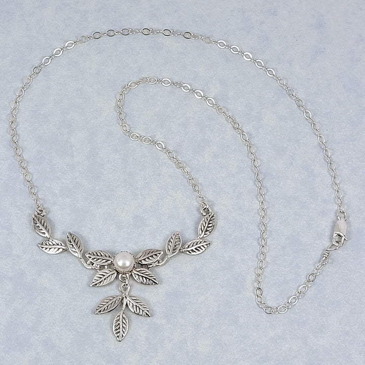 Leafy Vine Necklace in Sterling Silver set with Freshwater Pearl
