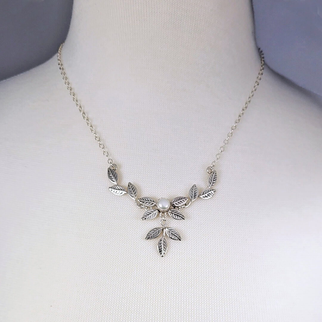 Vine and leaf sterling silver necklace for bride with a cultured freshwater pearl