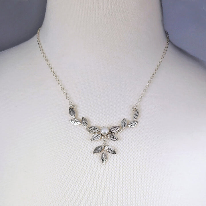 Vine and leaf sterling silver necklace for bride with a cultured freshwater pearl