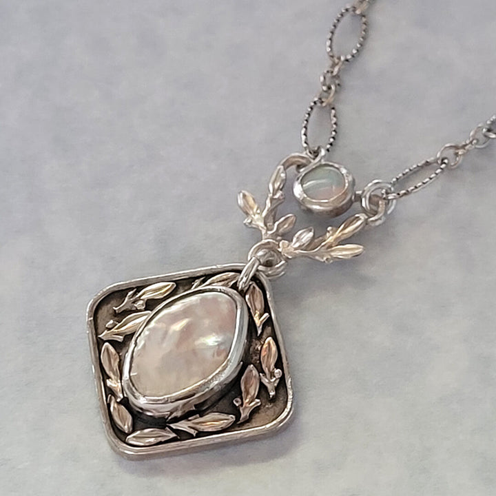 Thyme Leaf Opal and Pearl Necklace in Sterling Silver