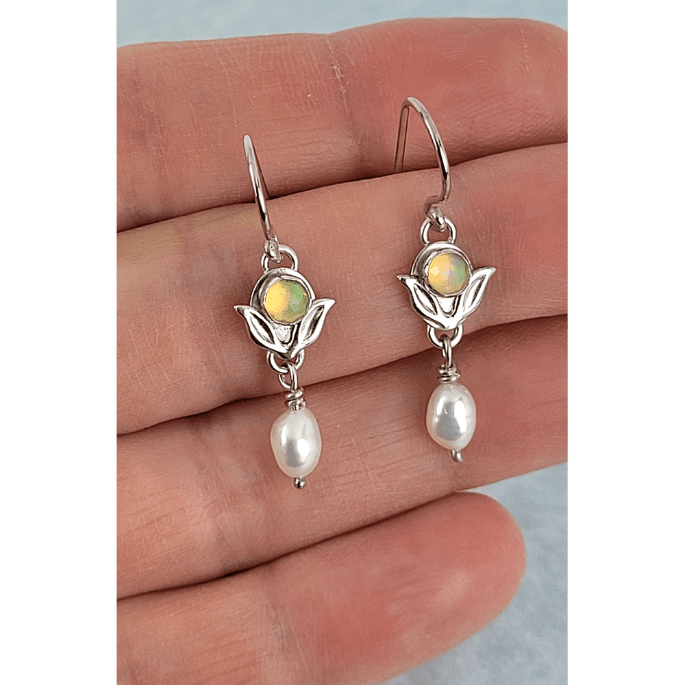 nature-inspired opal and pearl drop earrings in sterling silver