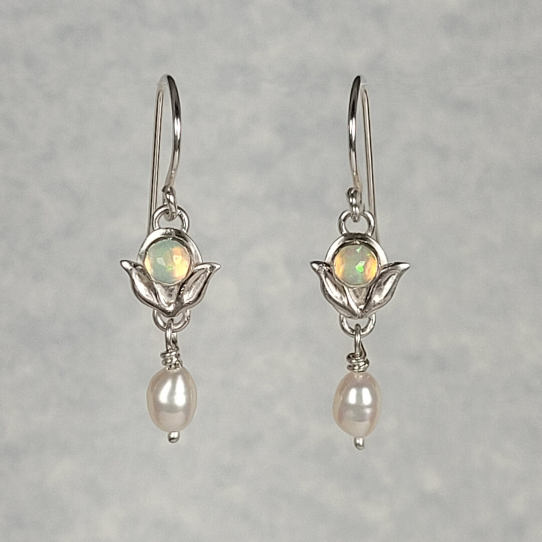 nature-inspired opal and pearl drop earrings in sterling silver