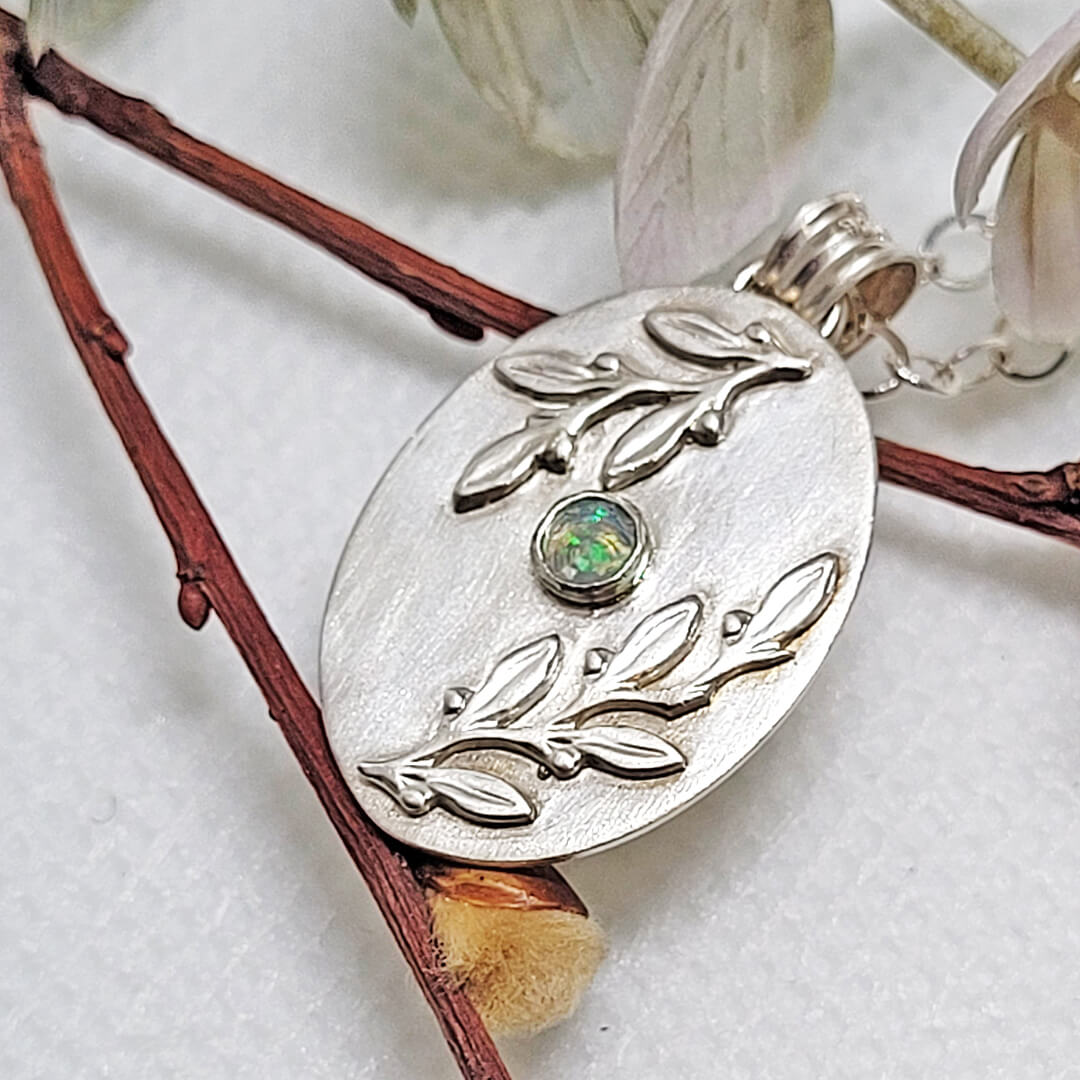 Leaf Bordered Opal Necklace in Sterling Silver