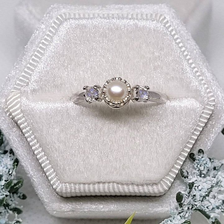 Pearl and moonstone engagement ring in sterling silver