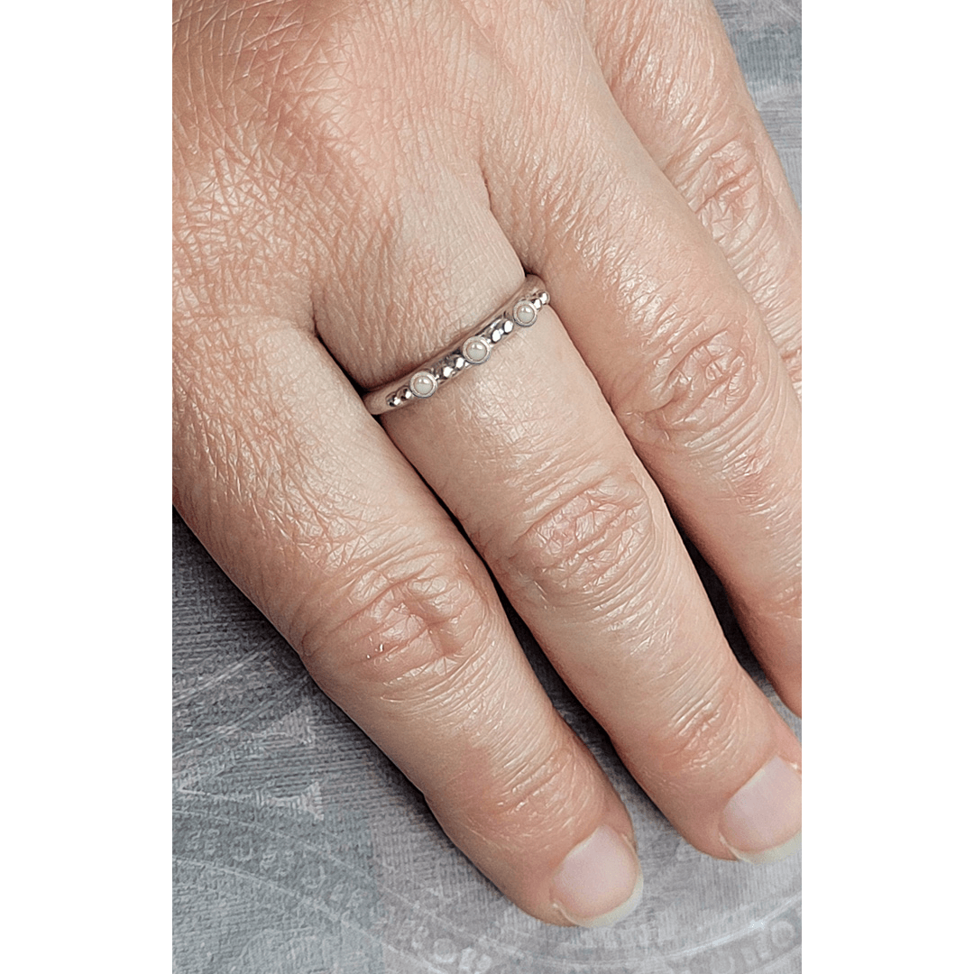 Three Stone Freshwater Pearl Wedding Band in Sterling Silver on Model