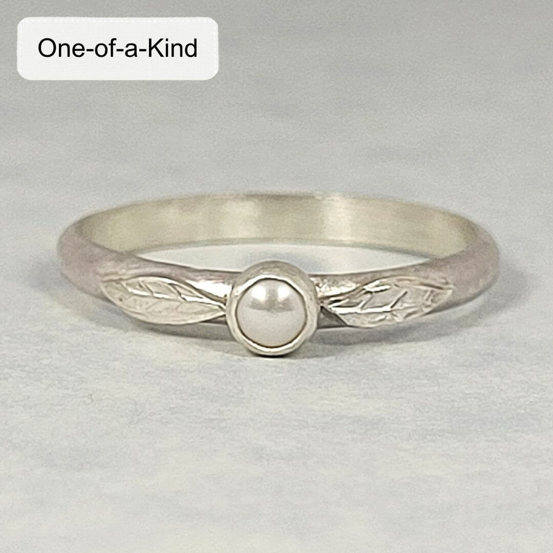 sterling silver pearl stacking ring with leaves