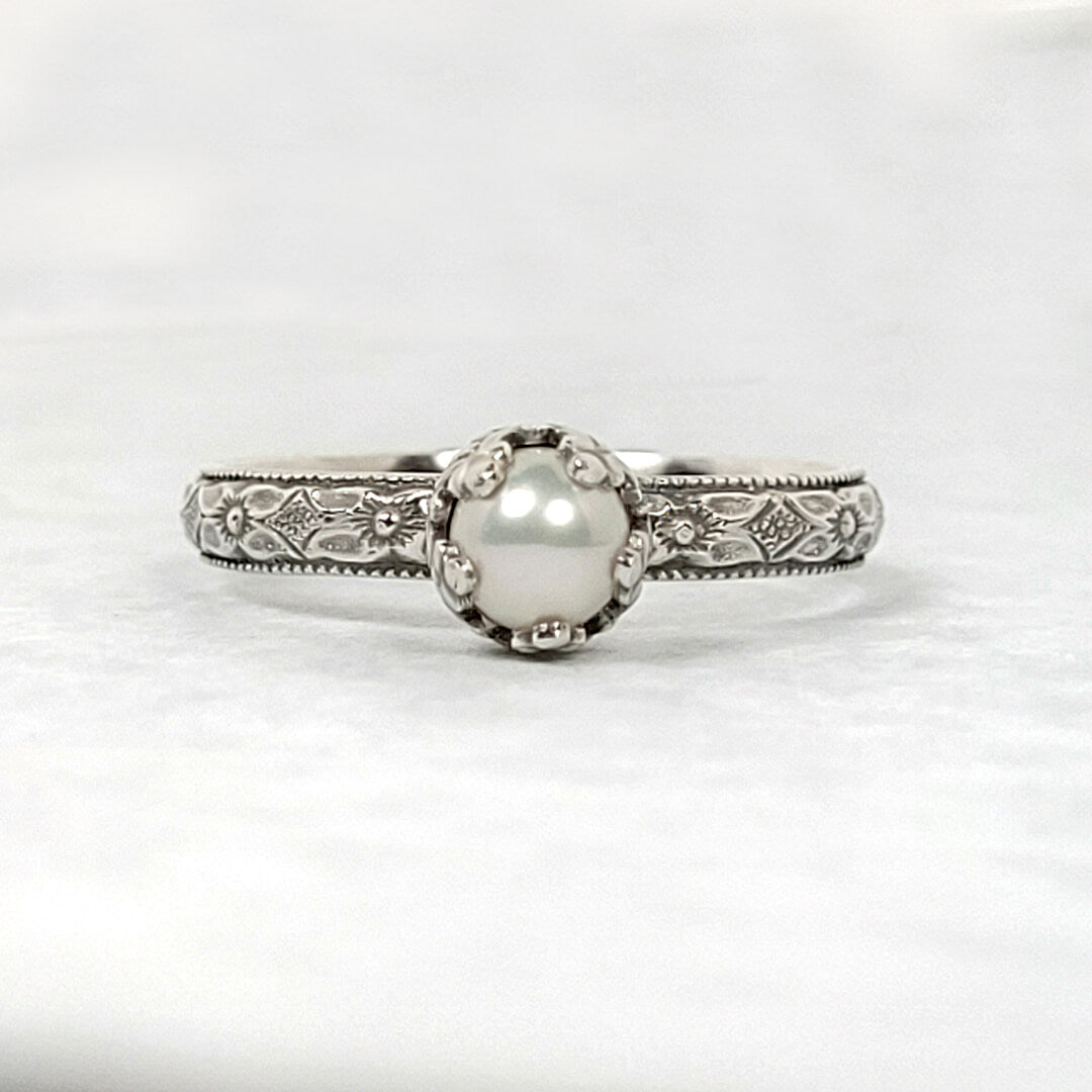 Petite Edwardian Style Pearl Engagement Ring in sterling silver