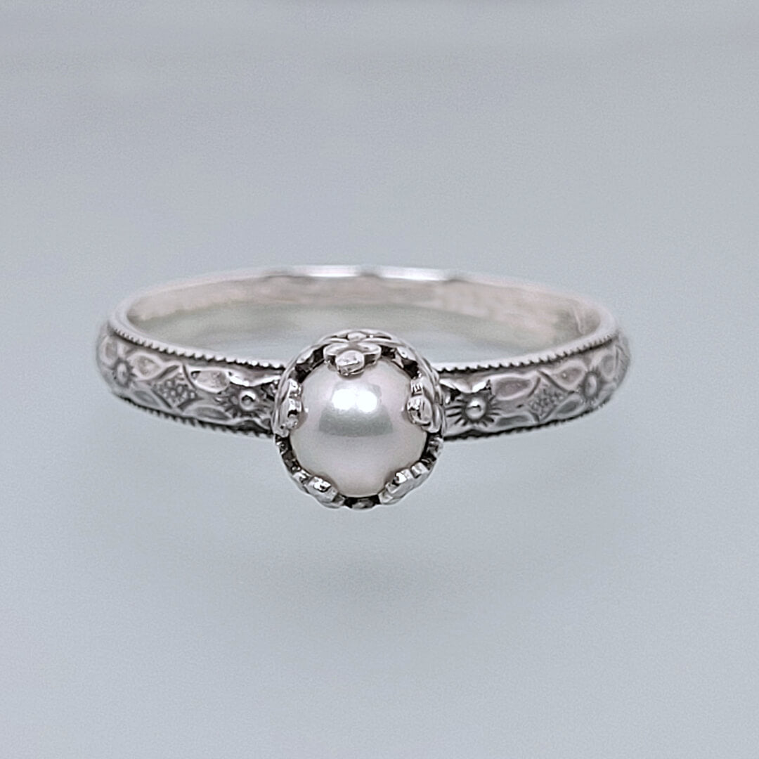 Edwardian vintage-inspired petite pearl engagement ring in sterling silver