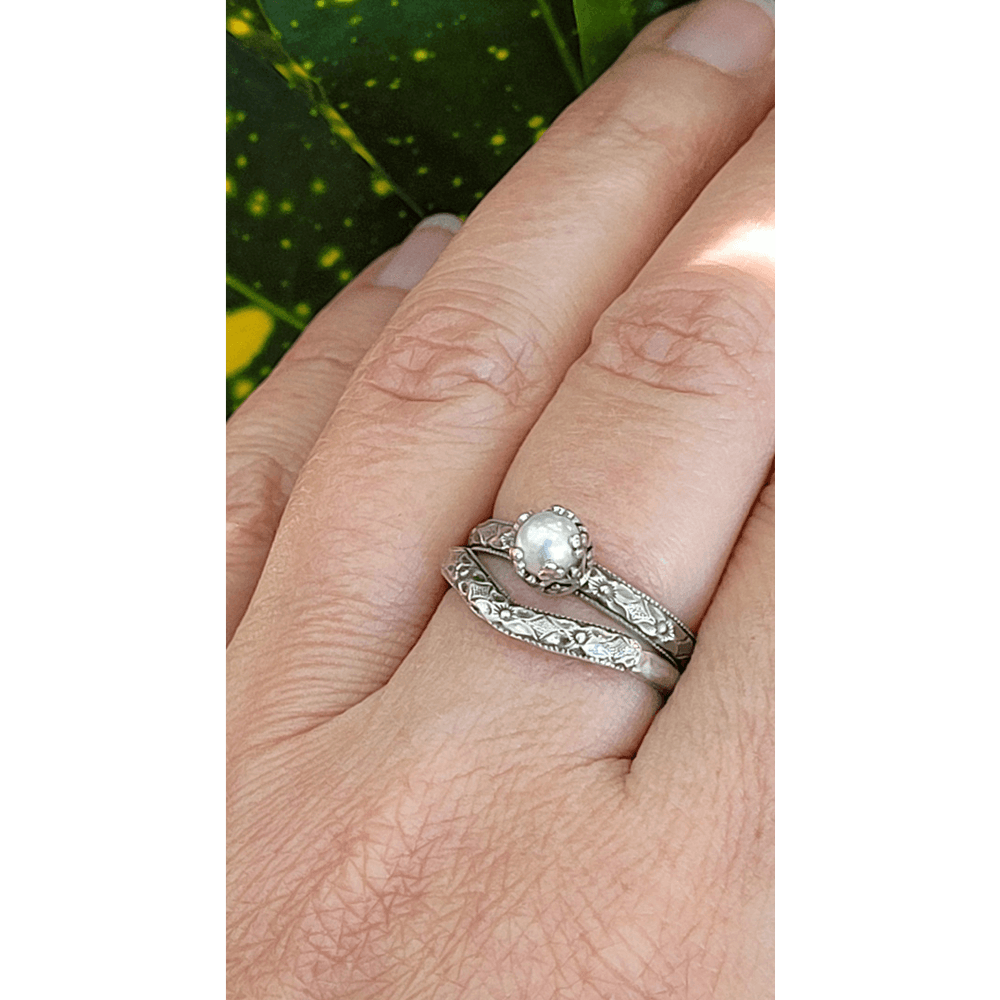 Petite Edwardian Style Pearl Engagement Ring and Curved Wedding Band Set in sterling silver
