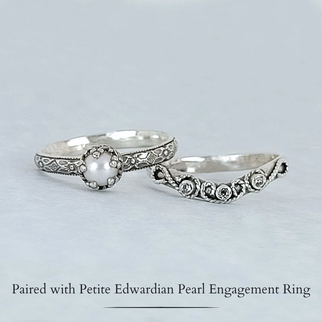 Petite Edwardian Style Pearl Engagement Ring and Evangeline Scrollwork White Sapphire Curved Wedding Band in Oxidized Sterling Silver Bridal Ring Set 