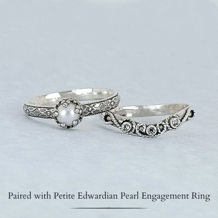 Petite Edwardian Style Pearl Engagement Ring and Evangeline Scrollwork White Sapphire Curved Wedding Band in Oxidized Sterling Silver Bridal Ring Set 
