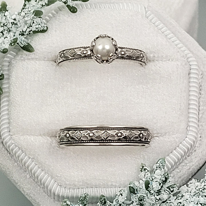 Petite Edwardian Style Pearl Engagement Ring and Floral Wedding Band Set in sterling silver