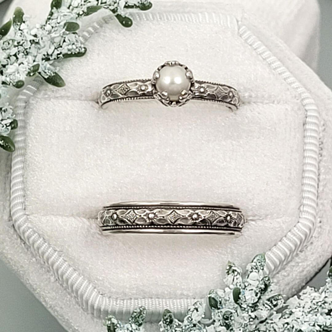 petite Edwardian style pearl engagement ring and matching wedding band in sterling silver