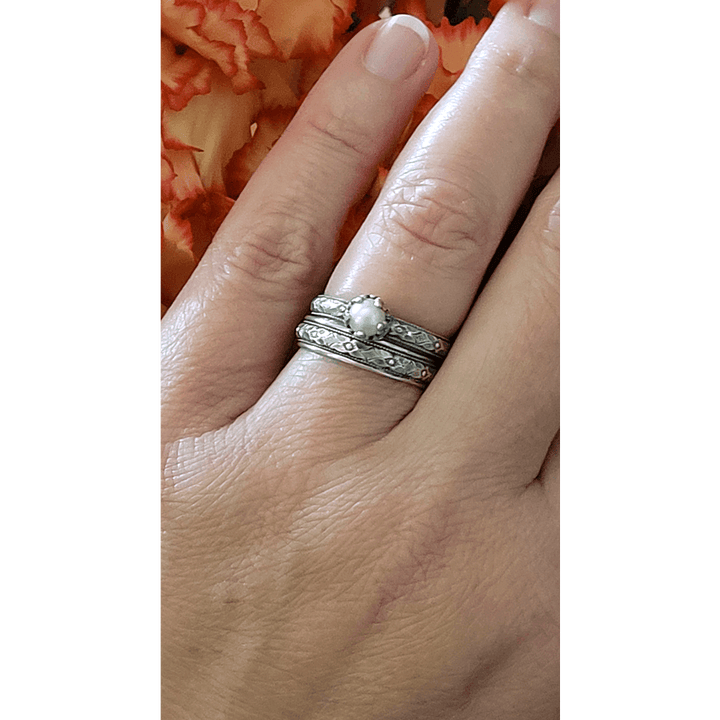 Petite Edwardian Style Pearl Engagement Ring and Floral Wedding Band Set in sterling silver