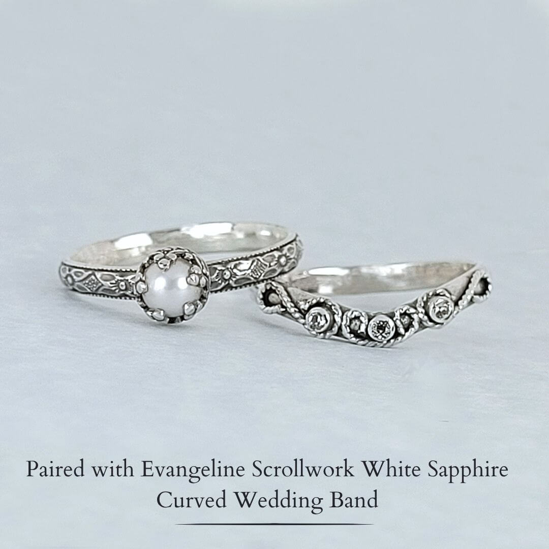 Petite Edwardian Style Pearl Engagement Ring and Evangeline Scrollwork White Sapphire Curved Wedding Band in Oxidized Sterling Silver 