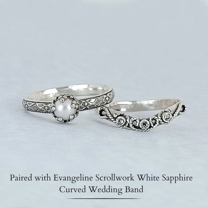 Petite Edwardian Style Pearl Engagement Ring and Evangeline Scrollwork White Sapphire Curved Wedding Band in Oxidized Sterling Silver 