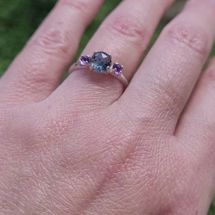 Moss kyanite ring with amethyst in sterling silver