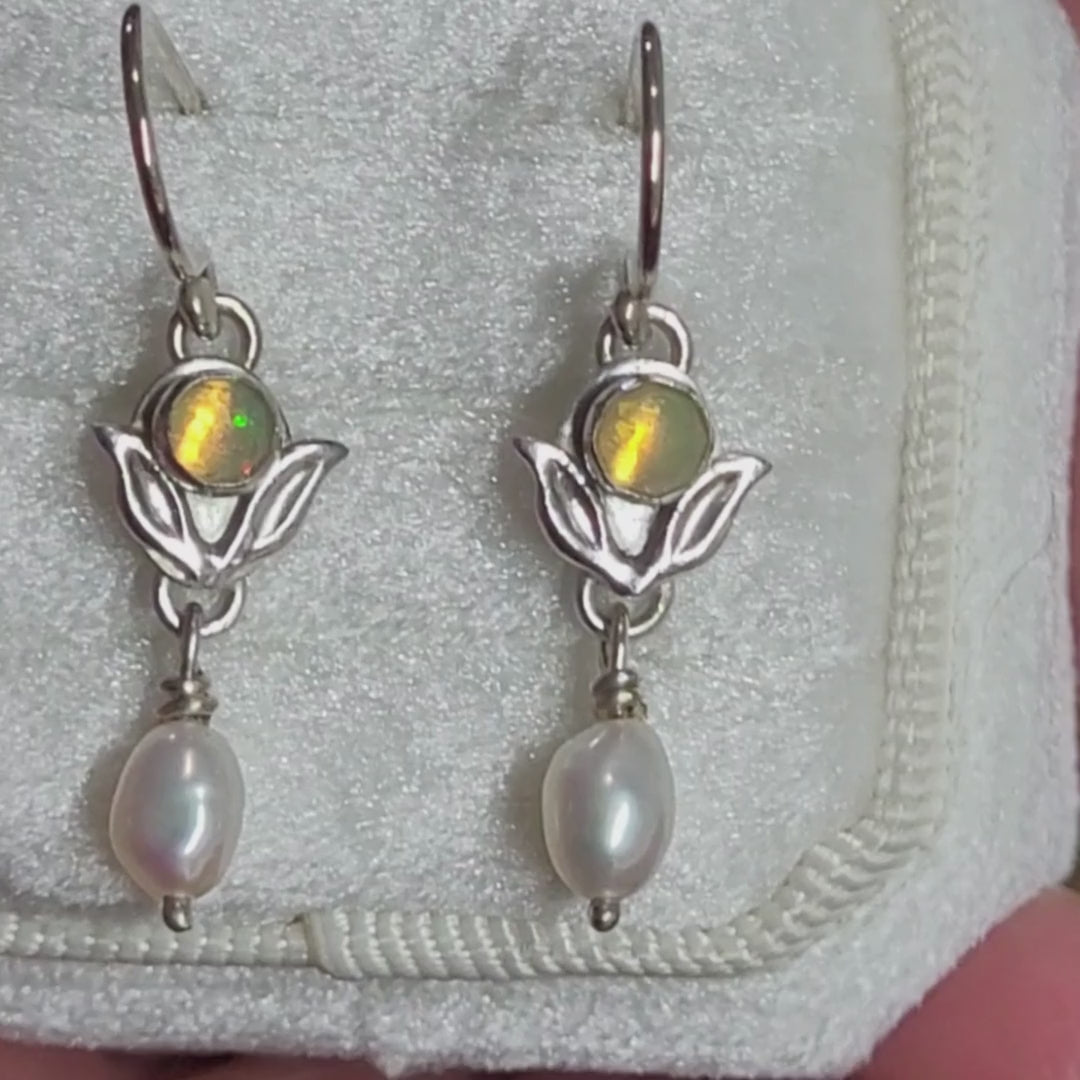nature-inspired opal and pearl drop earrings in sterling silver