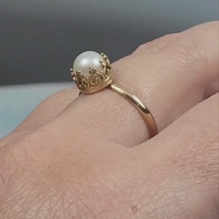 crown of hearts vintage style pearl engagement ring 14kt gold