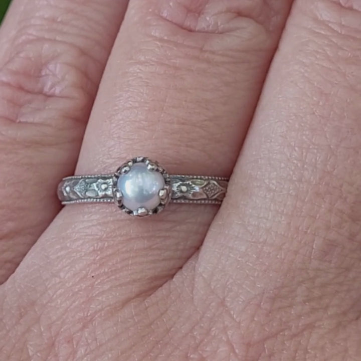 Edwardian vintage style dainty pearl ring in sterling silver