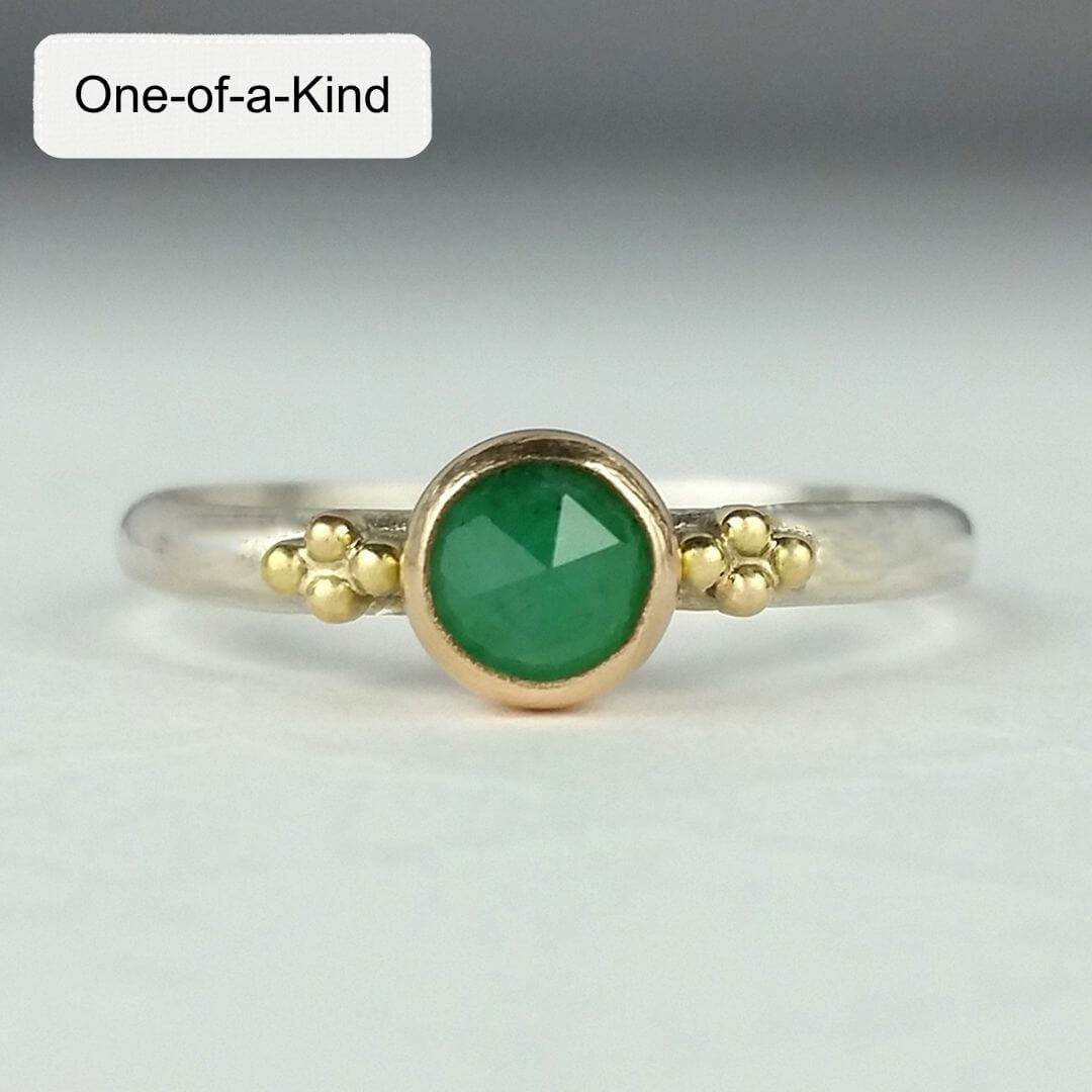 rose cut natural green emerald ring in sterling silver with 14kt gold setting