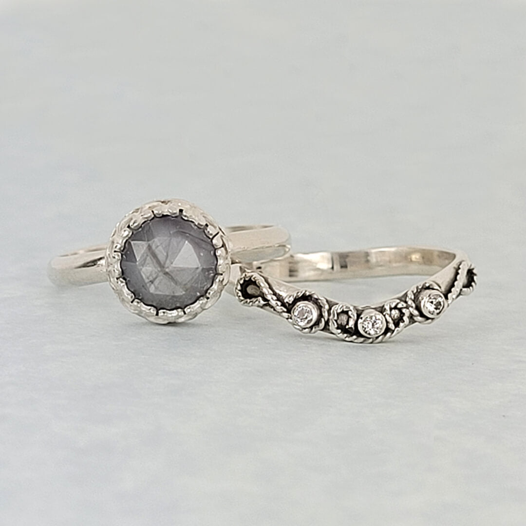 Vintage Style Rose Cut Gray Sapphire Engagement Ring and Scrollwork White Sapphire Curved Wedding Band Set in Sterling Silver 