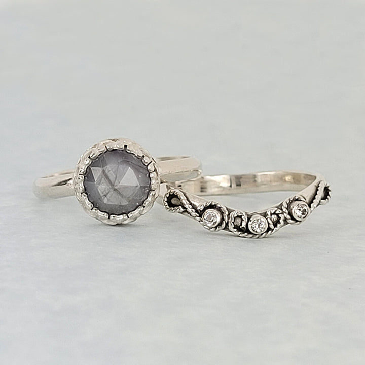 Vintage Style Rose Cut Gray Sapphire Engagement Ring and Scrollwork White Sapphire Curved Wedding Band Set in Sterling Silver 