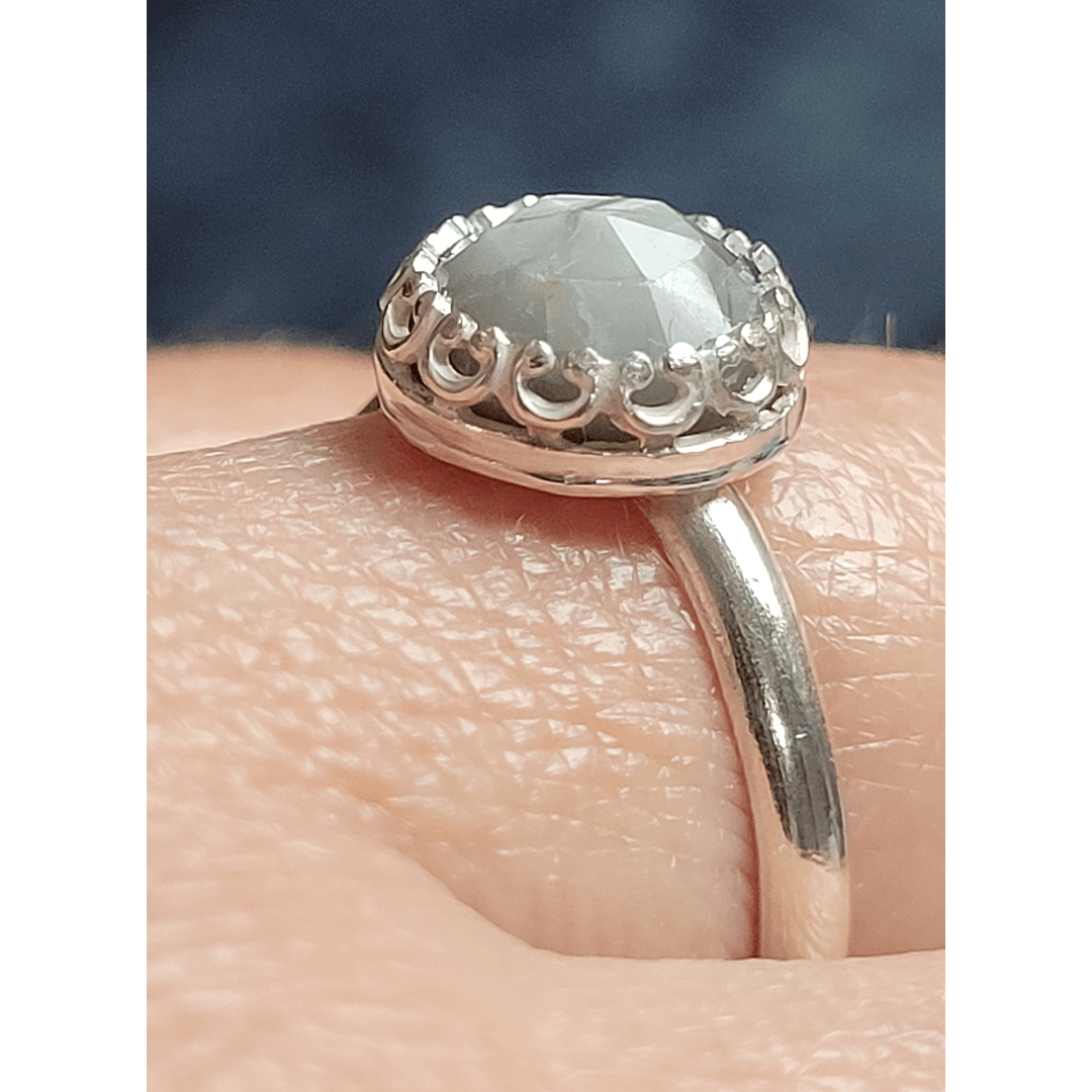 Vintage Style Rose Cut Gray Sapphire Engagement Ring in Sterling Silver Detailed Bezel Setting