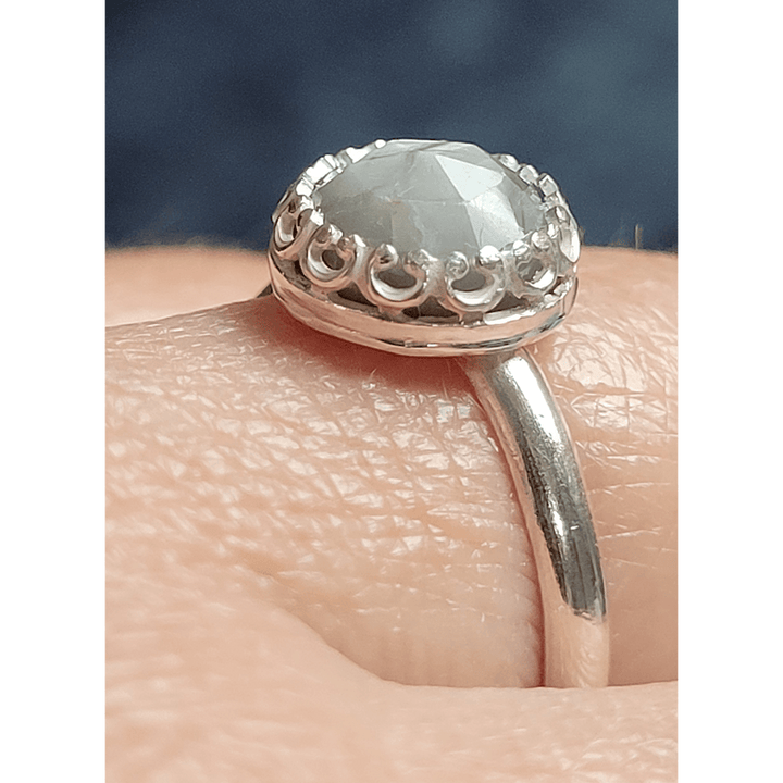 Vintage Style Rose Cut Gray Sapphire Engagement Ring in Sterling Silver Detailed Bezel Setting