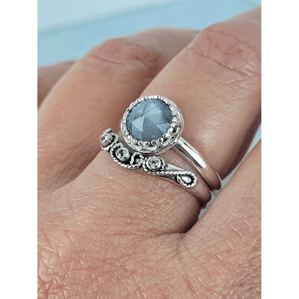 Vintage Style Rose Cut Gray Sapphire Engagement Ring and Scrollwork White Sapphire Curved Wedding Band Set in Sterling Silver on model