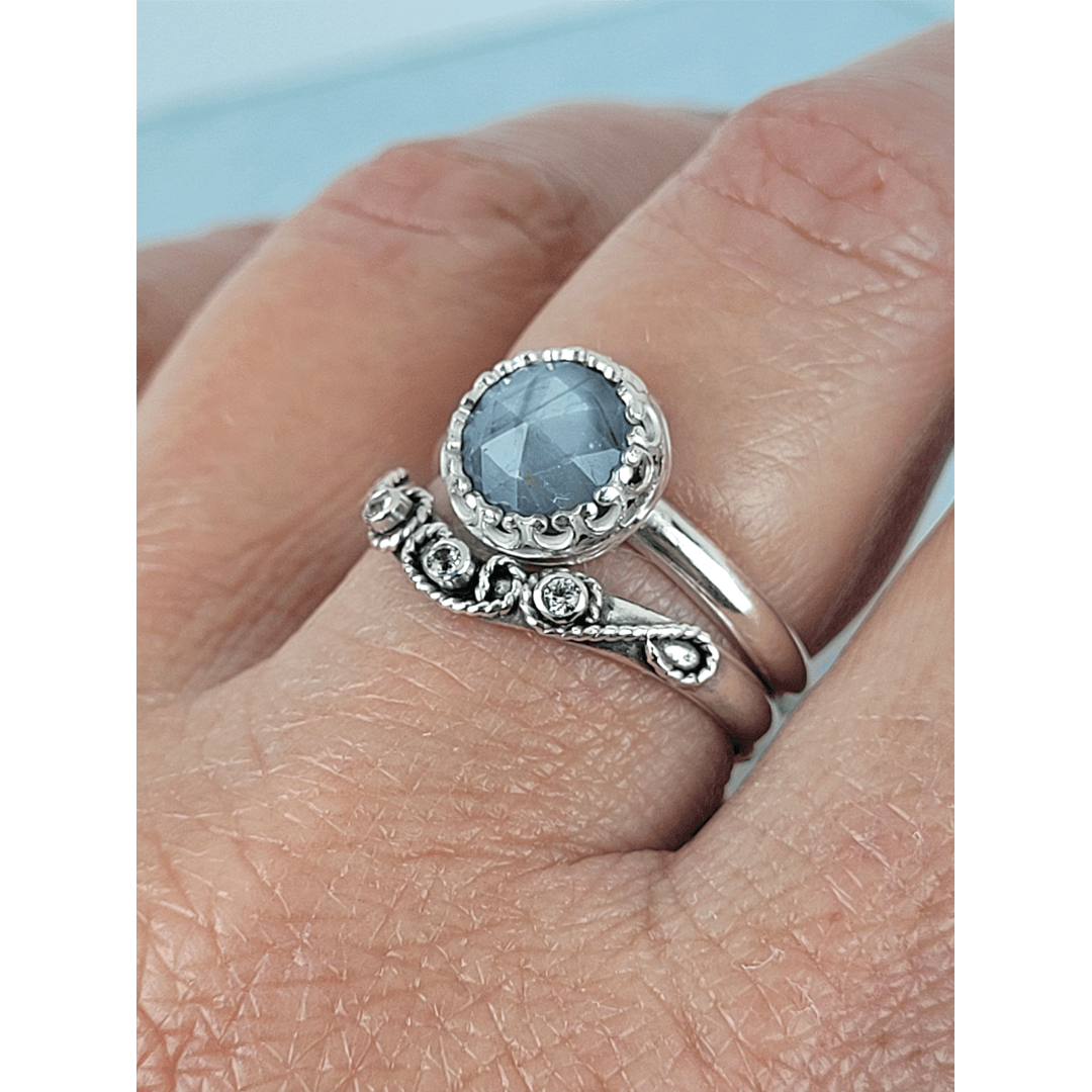 Vintage Style Rose Cut Gray Sapphire Engagement Ring and Scrollwork White Sapphire Curved Wedding Band Set in Sterling Silver on model