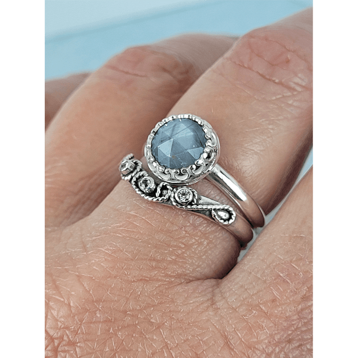 Vintage Style Rose Cut Gray Sapphire Engagement Ring and Scrollwork White Sapphire Curved Wedding Band Set in Sterling Silver on model